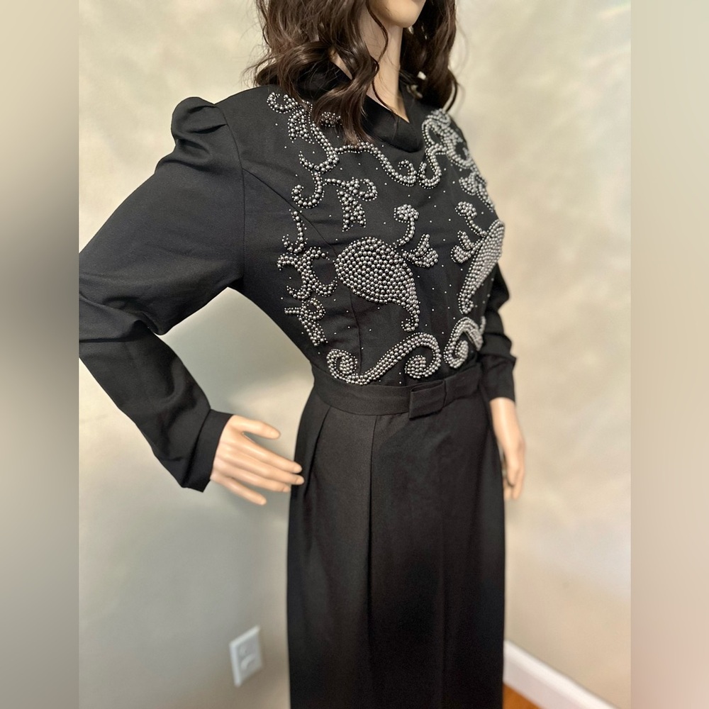 Modest black long-sleeved beaded dress